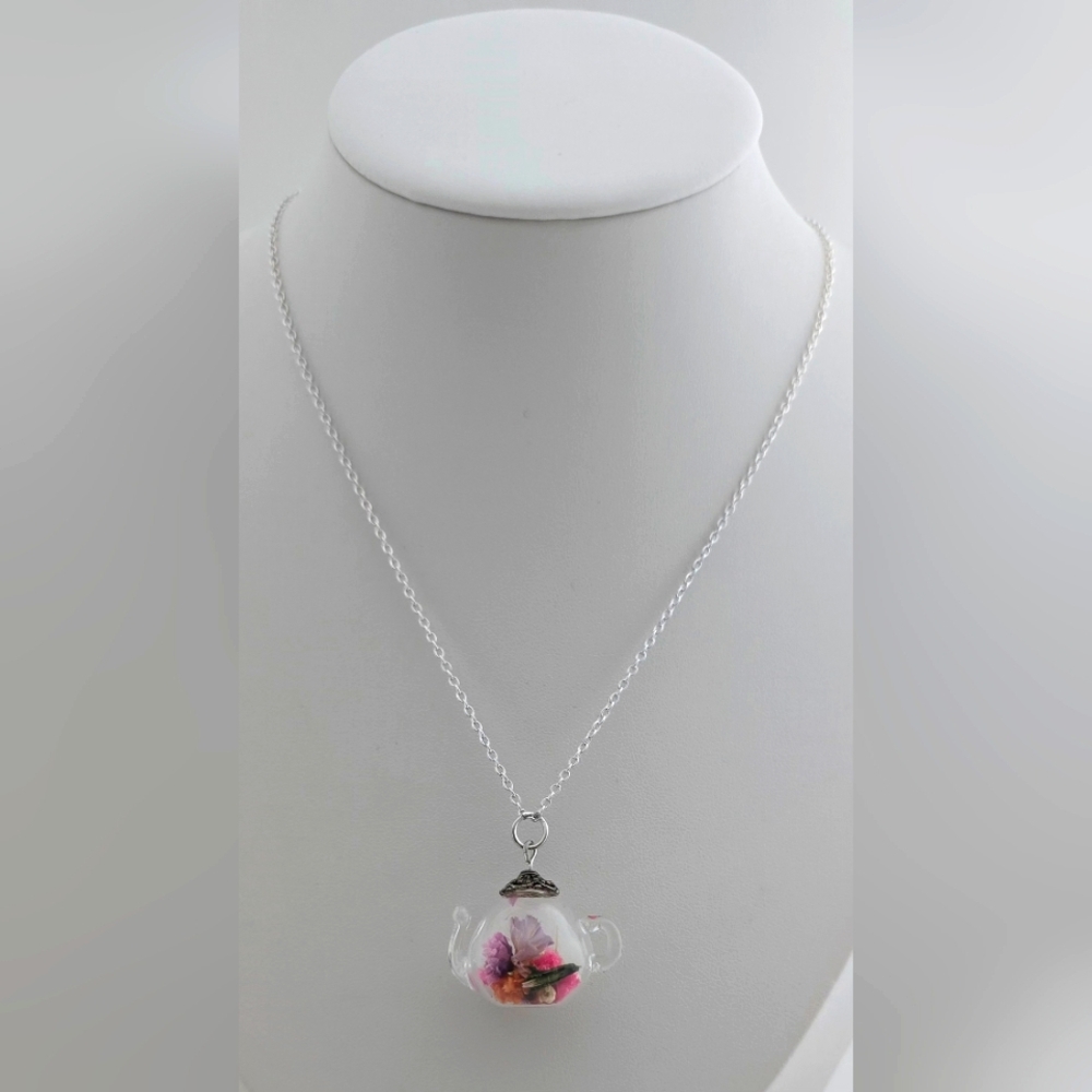 Glass Floral Teapot Pendant Necklace